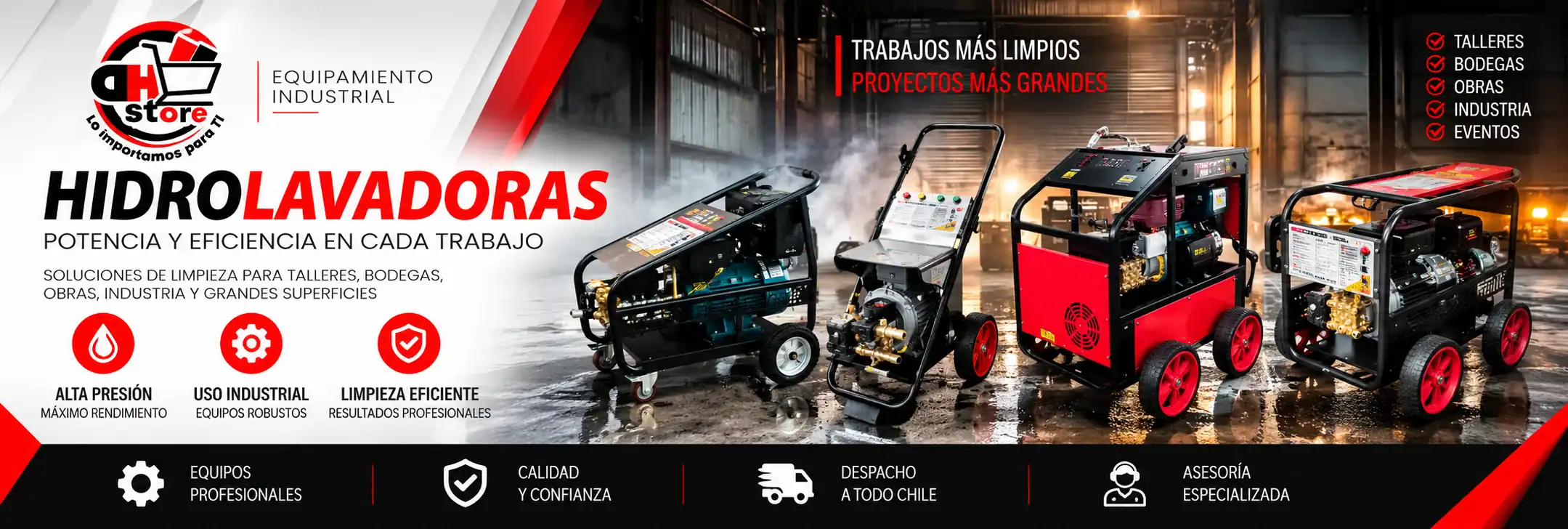 Hidrolavadoras DHStore con ruedas, mangueras y equipos de limpieza a presión