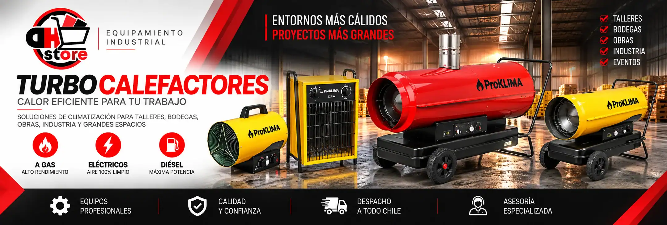 Turbocalefactores DHStore de distintos formatos para calefacción industrial