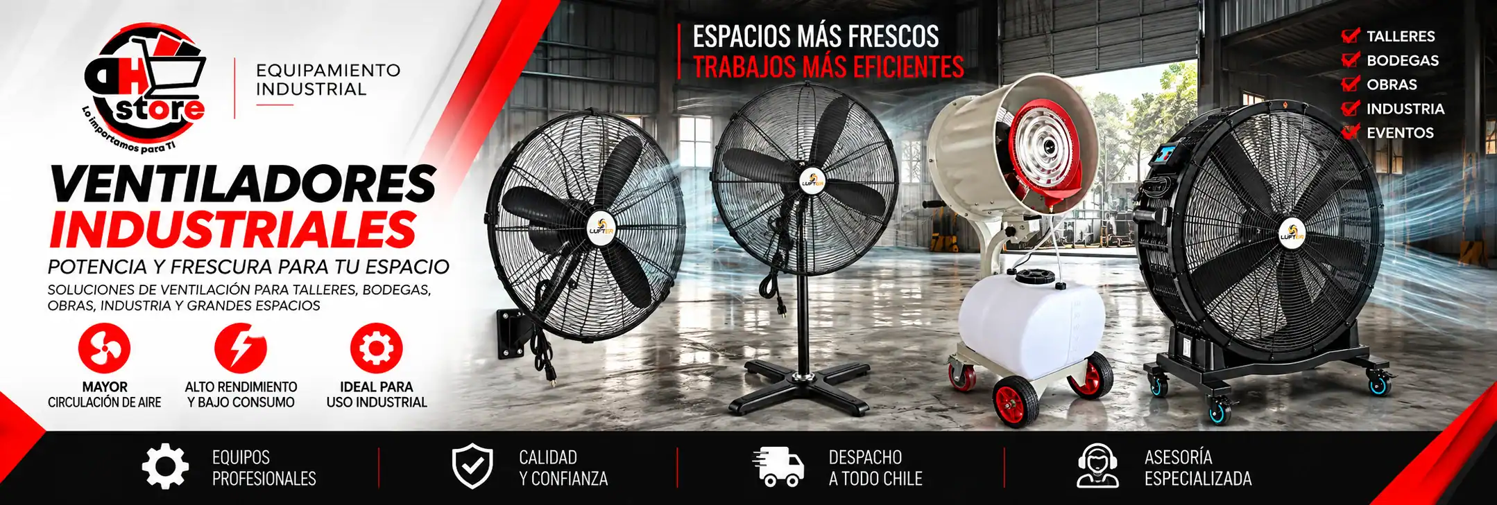 Ventiladores industriales DHStore de piso, pedestal y con nebulización